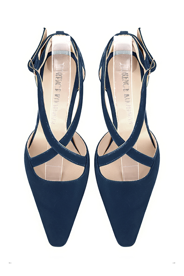 Women's navy blue open side dress shoes, with crossed straps. Tapered toe. Medium spool heels - Top view